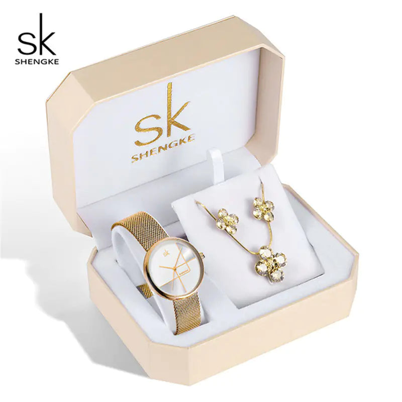 Shengke Women's Watch Set with Earrings and Necklace