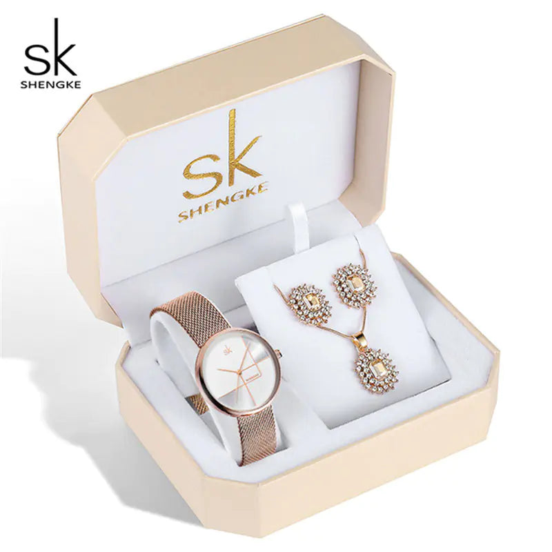 Shengke Women's Watch Set with Earrings and Necklace