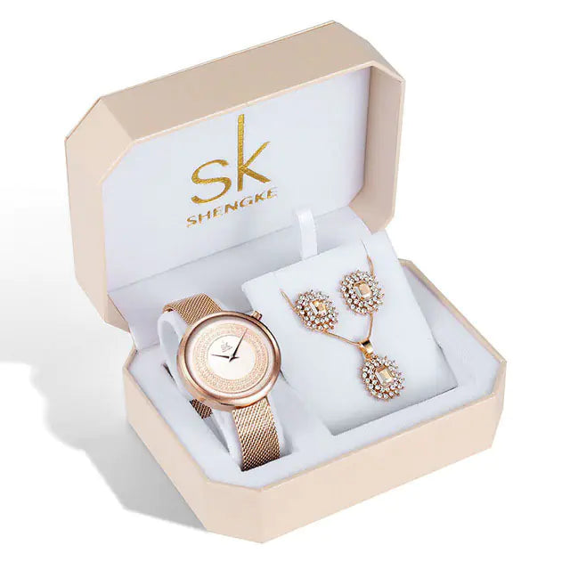 Shengke Women's Watch Set with Earrings and Necklace