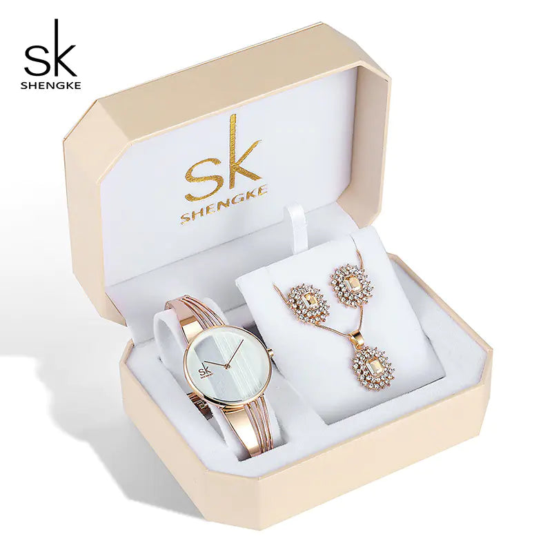 Shengke Women's Watch Set with Earrings and Necklace
