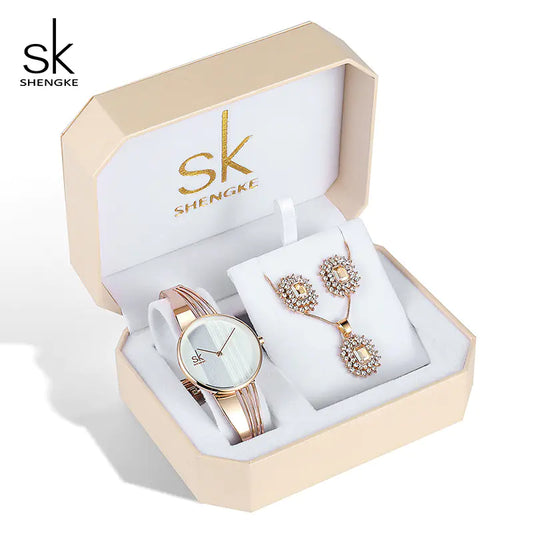 Shengke Women's Watch Set with Earrings and Necklace