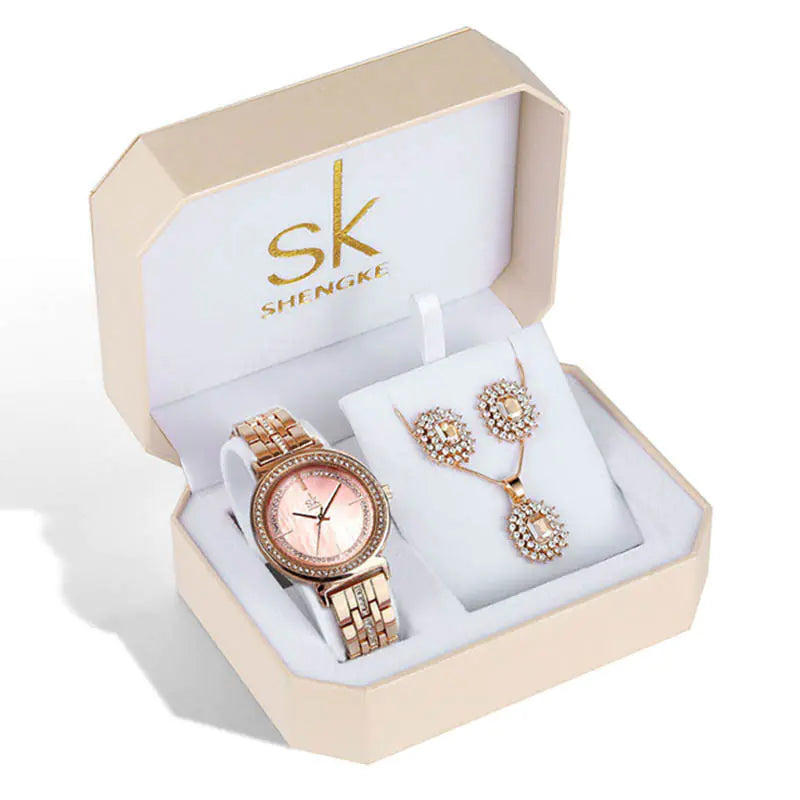 Shengke Women's Watch Set with Earrings and Necklace