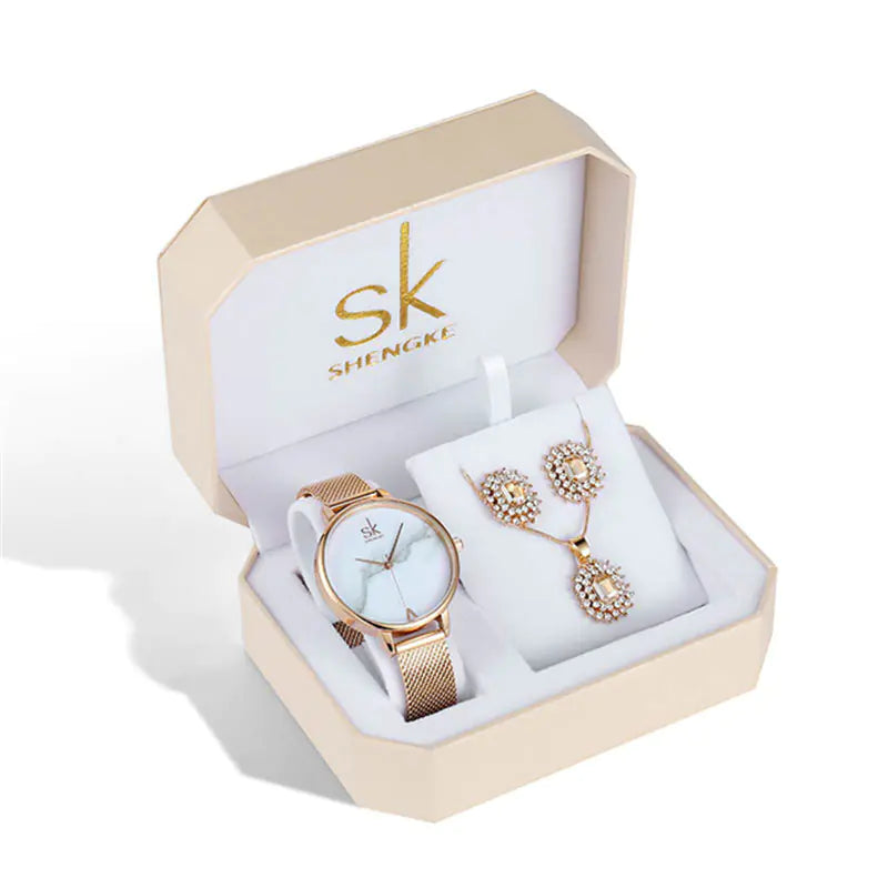 Shengke Women's Watch Set with Earrings and Necklace