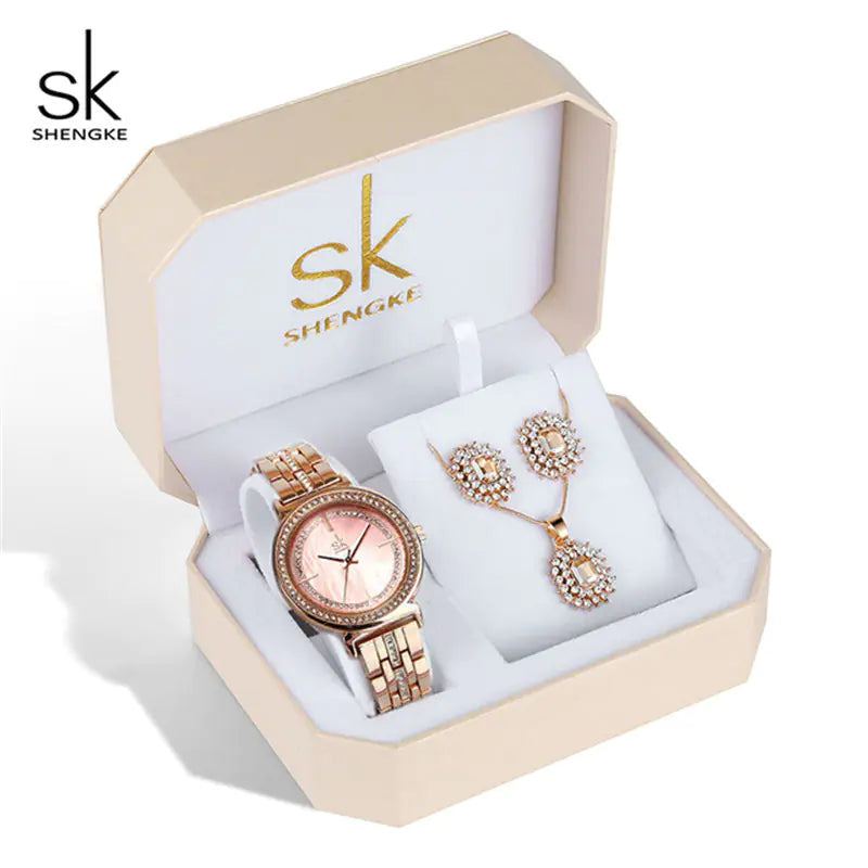 Shengke Women's Watch Set with Earrings and Necklace
